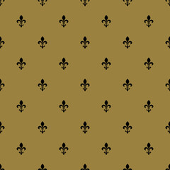 Seamless pattern with heraldic fleur de lis symbol. Small black silhouettes on gold background. - obrazy, fototapety, plakaty