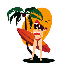 Christmas in the tropics. A girl in a New Year's cap and a bathing suit stands against a background of palm trees with a surf and a glass of wine. Christmas in warm countries. Vector illustration
