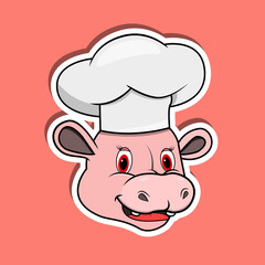 Animal Face Sticker With Hippopotamus Wearing Chef Hat. Character Design.