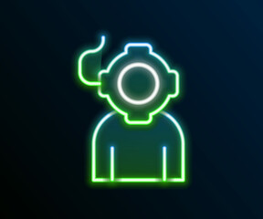 Glowing neon line Aqualung icon isolated on black background. Diving helmet. Diving underwater equipment. Colorful outline concept. Vector