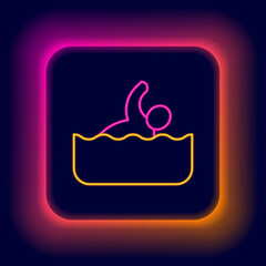 Glowing neon line Swimmer athlete icon isolated on black background. Colorful outline concept. Vector