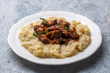Turkish Food Hunkar Begendi made with Eggplant and Meat.