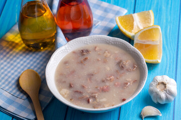 Traditional delicious Turkish food, Turkish traditional tripe soup; iskembe corbasi and offal soup, Turkish Meat Soup Kelle Paca (Turkish name; Kelle paca corbasi)