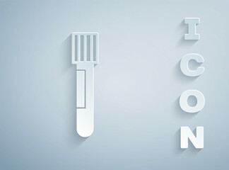 Paper cut Test tube and flask chemical laboratory test icon isolated on grey background. Laboratory glassware sign. Paper art style. Vector