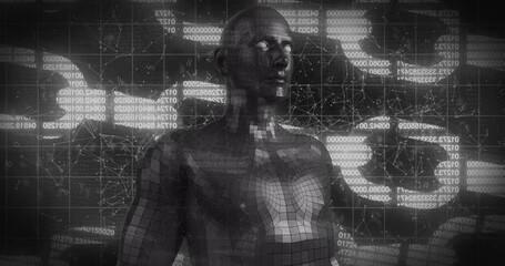 Male human body model and network of connections against security chain on black background - Powered by Adobe