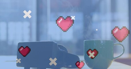 Abstract shapes and multiple heart icons floating over coffee cup and vr headset