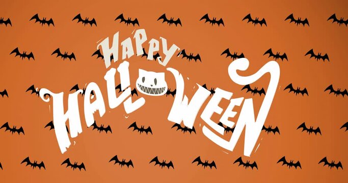 Animation of happy halloween text over black bats on orange background