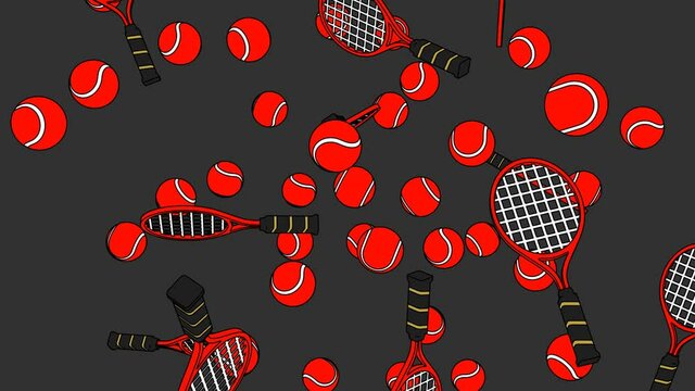Toon style red tennis balls and tennis rackets on gray background.
Loopable animation for background.
