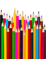 Multi-colored pencils in a row on a white background. Set of colored pencils for drawing