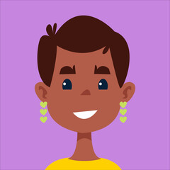 Obraz premium A girl with short black hair and black skin, an avatar of an African woman. Portrait of a cute character. Vector illustration in cartoon children s style. Isolated funny clipart