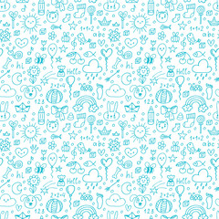 Background for cute little boys. Colored seamless pattern. Hand drawn children drawings. Doodle background