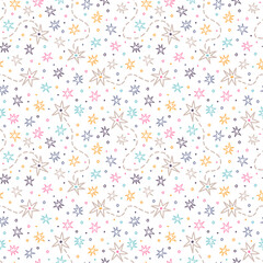 Hand drawn seamless pattern with stars and sparkles. Space. Constellation. Scandinavian doodle style. Design for textile, fabric, wrapping, wallpaper