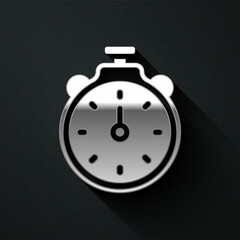 Silver Stopwatch icon isolated on black background. Time timer sign. Chronometer sign. Long shadow style. Vector