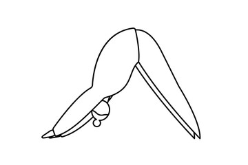 Linear contour of woman, stands in a downward facing dog position. The cartoon character does yoga. Concept of balance, healthy lifestyle, sports, harmony. Black outline on white.