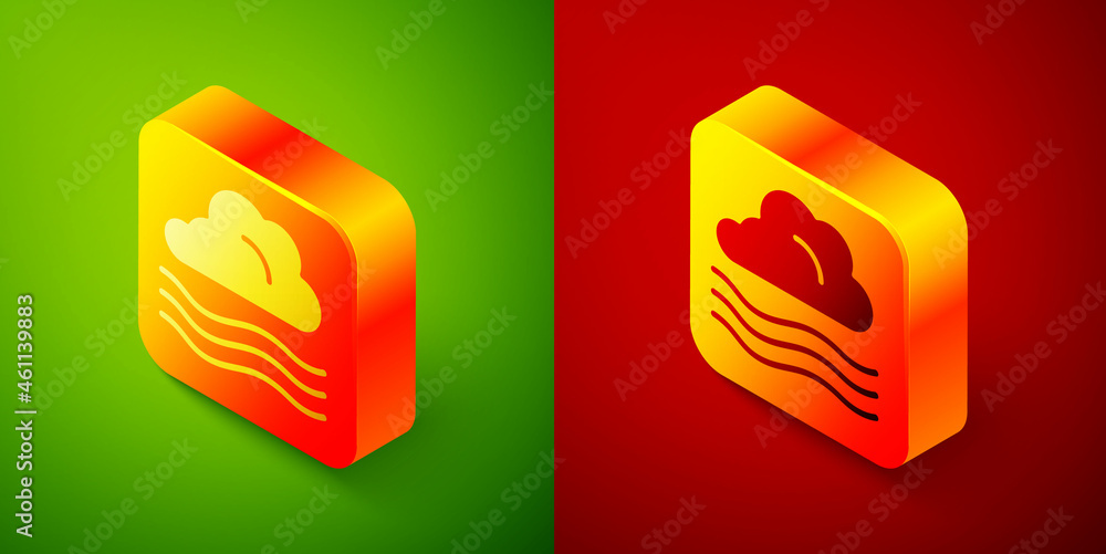Poster isometric windy weather icon isolated on green and red background. cloud and wind. square button. ve
