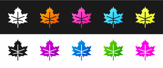 Set Leaf icon isolated on black and white background. Leaves sign. Fresh natural product symbol. Vector