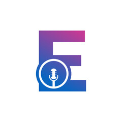 Letter E Podcast Record Logo. Alphabet with Microphone Icon Vector Illustration