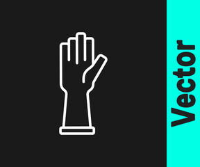 White line Medical rubber gloves icon isolated on black background. Protective rubber gloves. Vector