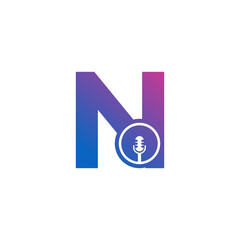 Letter N Podcast Record Logo. Alphabet with Microphone Icon Vector Illustration