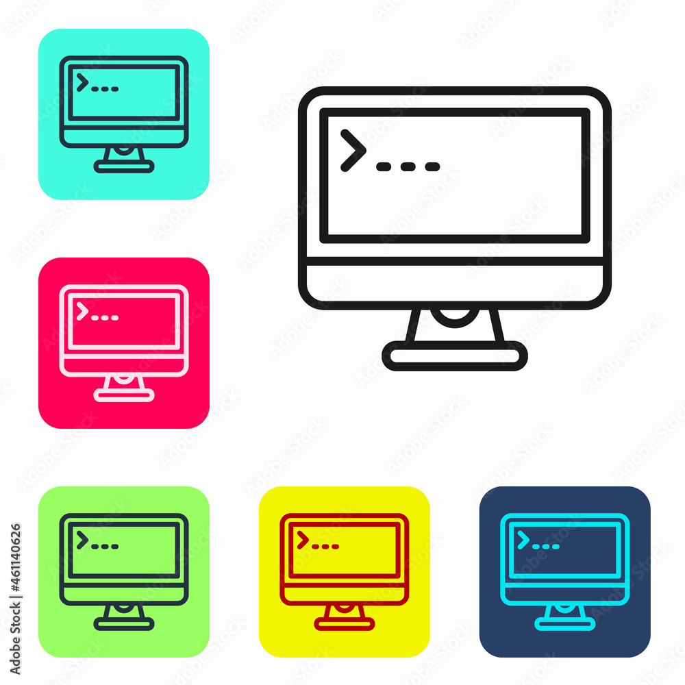 Poster Black line Computer monitor screen icon isolated on white background. Electronic device. Front view. Set icons in color square buttons. Vector