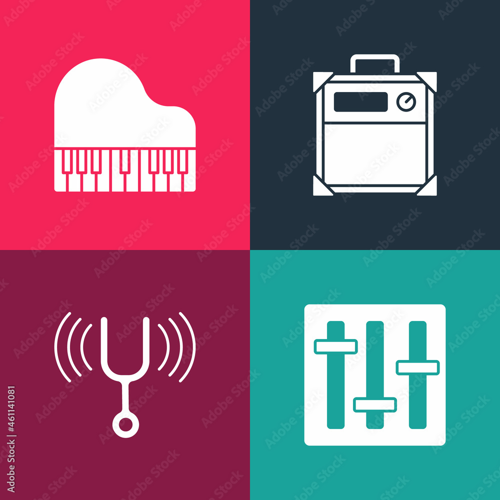 Sticker Set pop art Sound mixer controller, Musical tuning fork, Guitar amplifier and Grand piano icon. Vector