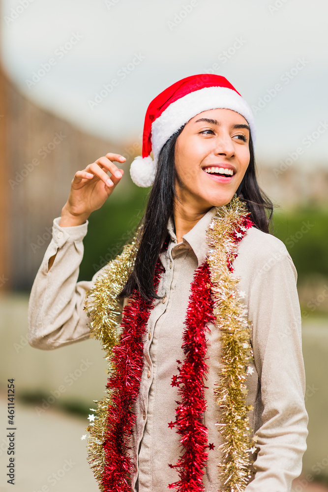 Sticker christmas and new year lifestyle young latin woman. Hispanic celebrate holiday with santa hat.