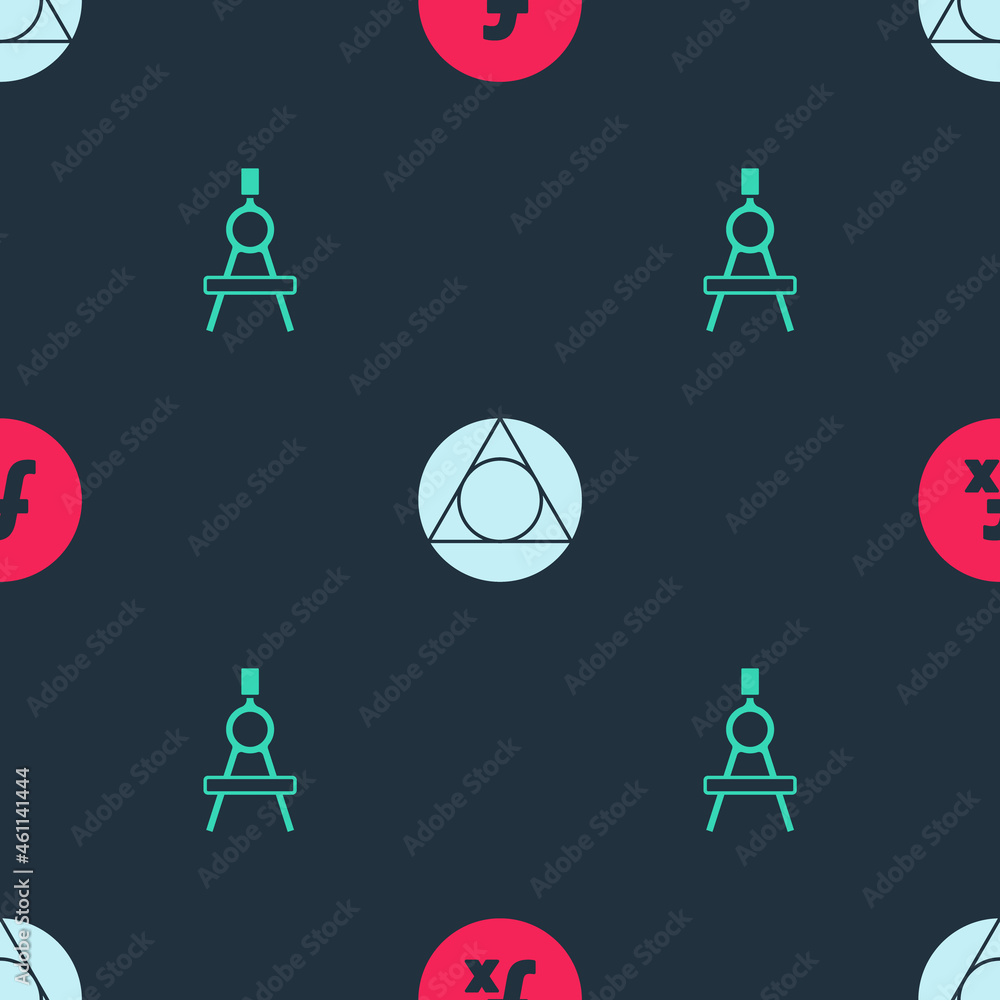 Aufkleber set function mathematical symbol, triangle and drawing compass on seamless pattern. vector