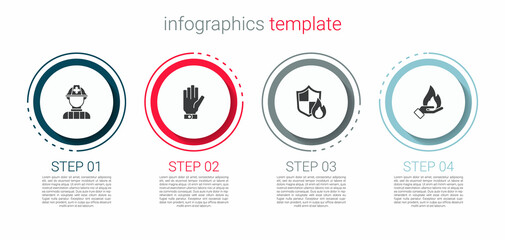 Set Firefighter, gloves, protection shield and Hand holding a fire. Business infographic template. Vector