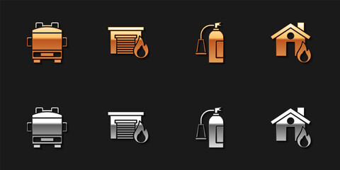 Set Fire truck, in burning garage, extinguisher and house icon. Vector