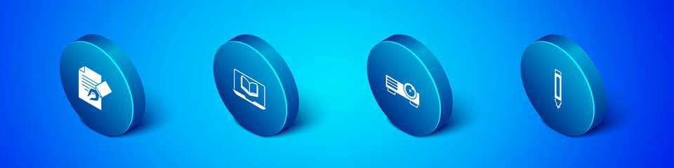 Set Isometric Exam sheet and pencil, Movie, film, media projector, Marker and Online class icon. Vector