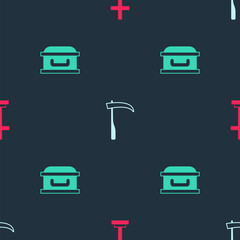 Set Grave with cross, Scythe and Coffin on seamless pattern. Vector