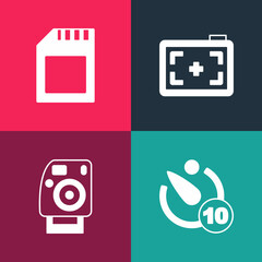 Set pop art Camera timer, Photo camera, and SD card icon. Vector