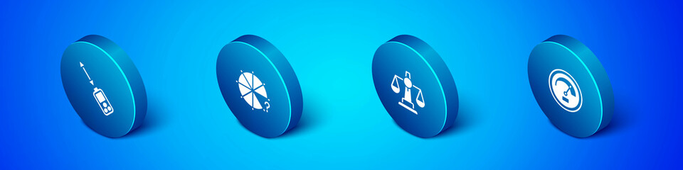 Set Isometric Laser distance measurer, Scales of justice, Speedometer and Circle pieces icon. Vector