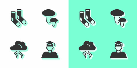Set Graduate and graduation cap, Socks, Storm and Mushroom icon. Vector