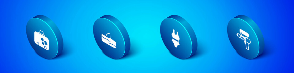 Set Isometric Suitcase, Swimsuit, Water gun and Shark fin in ocean wave icon. Vector