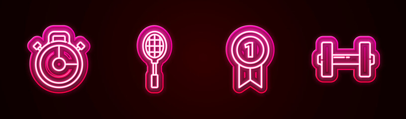 Set line Stopwatch, Tennis racket, Medal and Dumbbell. Glowing neon icon. Vector