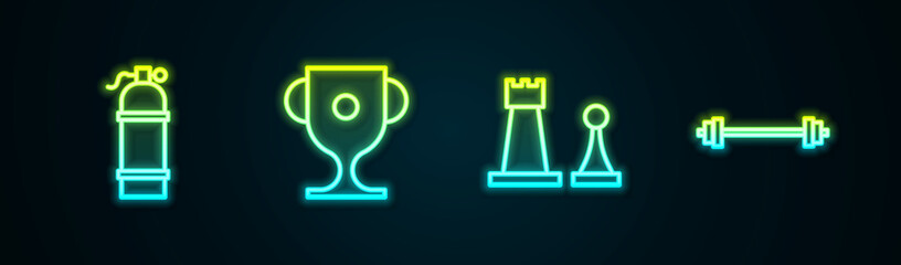 Set line Aqualung, Award cup, Chess and Barbell. Glowing neon icon. Vector