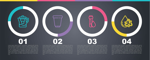 Set line Water jug with a filter, cartridge, Test tube water drop and Recycle clean aqua. Business infographic template. Vector