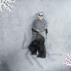 Halloween decoration a toy skeleton in black clothes and a torn cape