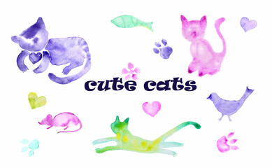 Fototapeta na wymiar Watercolor cute cats. Illustration for kids. Bright colorful hand drawings: hearts, paws, bird, fish, mouse