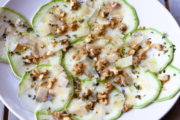 Zucchini Carpaccio vegetarian and light recipe. Mediterranean recipe.