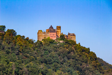 Fototapeta premium Schönburg Castle landscape on the upper middle Rhine River near Oberwesel, Germany. Also known as Burg Schönburg.