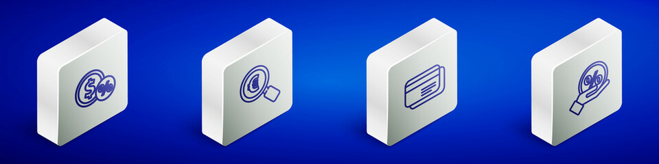Set Isometric line Money coin with percent, Magnifying glass and euro, Credit card and Discount tag icon. Vector