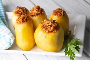 Traditional delicious Turkish food; stuffed potatoes (Turkish name; Patates dolmasi)