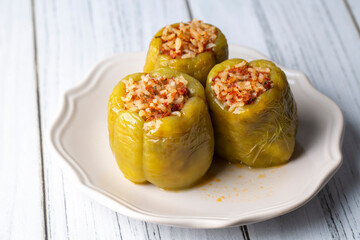 Traditional Turkish foods; Stuffed pepper (Turkish name; biber dolmasi)