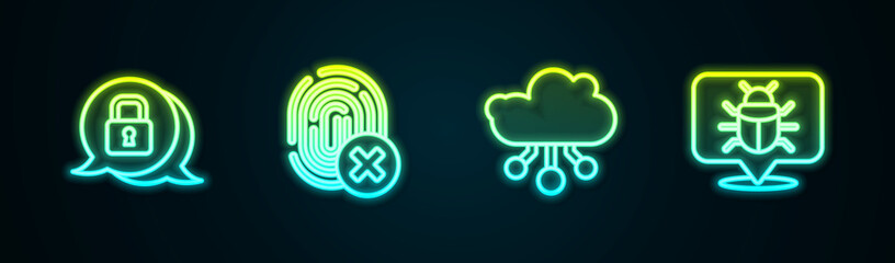 Set line Cyber security, Cancelled fingerprint, Internet of things and System bug. Glowing neon icon. Vector