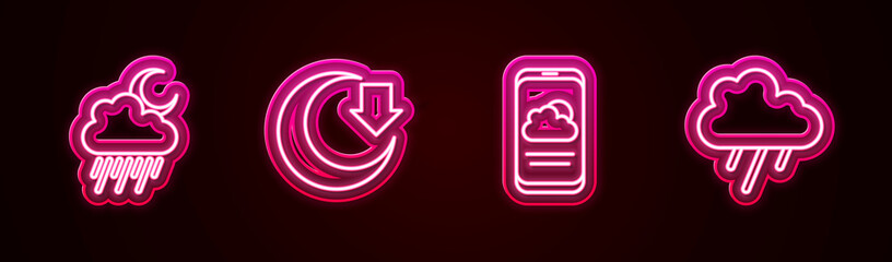 Set line Cloud with rain and moon, Moon, Weather forecast and . Glowing neon icon. Vector © Kostiantyn