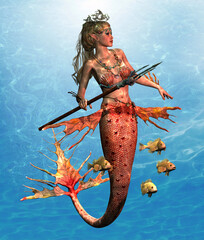 Triton's Mermaid Daughter - Canary Rockfish swim with Ariel holding a trident who is Triton's favorite daughter. - obrazy, fototapety, plakaty