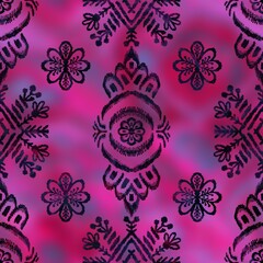 Seamless gradient mesh blurry background tribal ethnic rug motif pattern. High quality illustration. Black hand drawn boho gipsy design on bright pink faded backdrop. Holographic iridescent look.