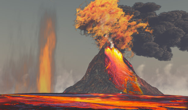 Volcano with Lava and Fire - A volcano erupts with red hot molten lava with smoke and fire.
